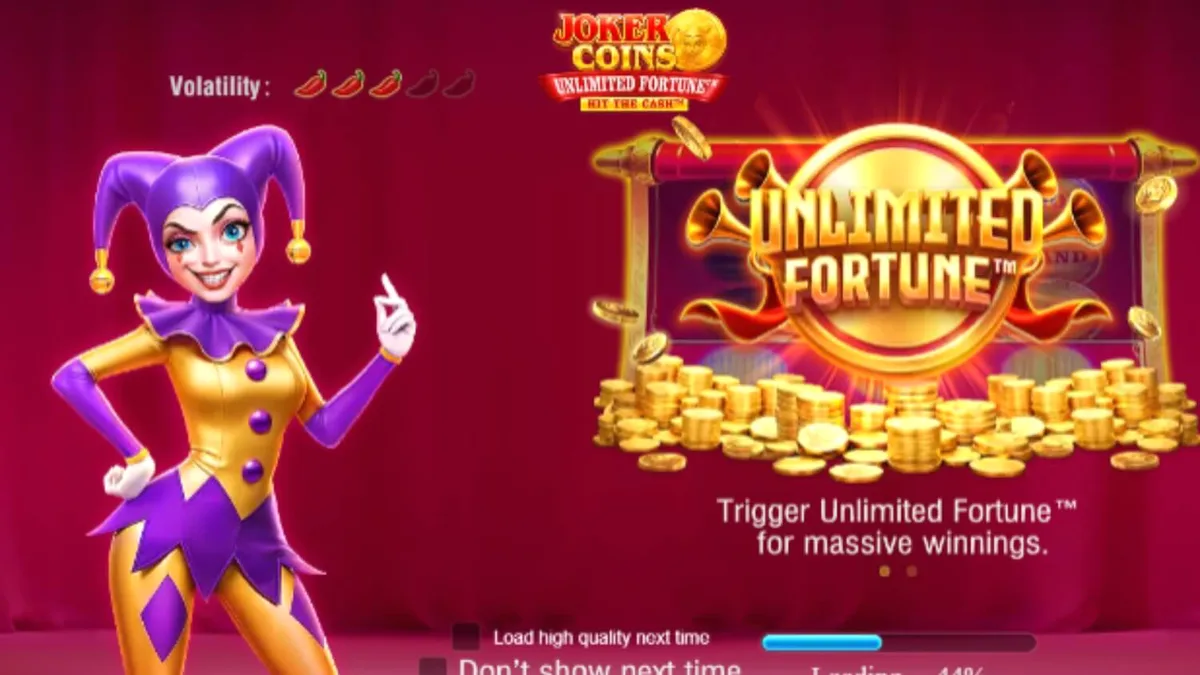 Tampilan mesin slot Joker Coins Unlimited Fortune dengan simbol buah dan koin emas