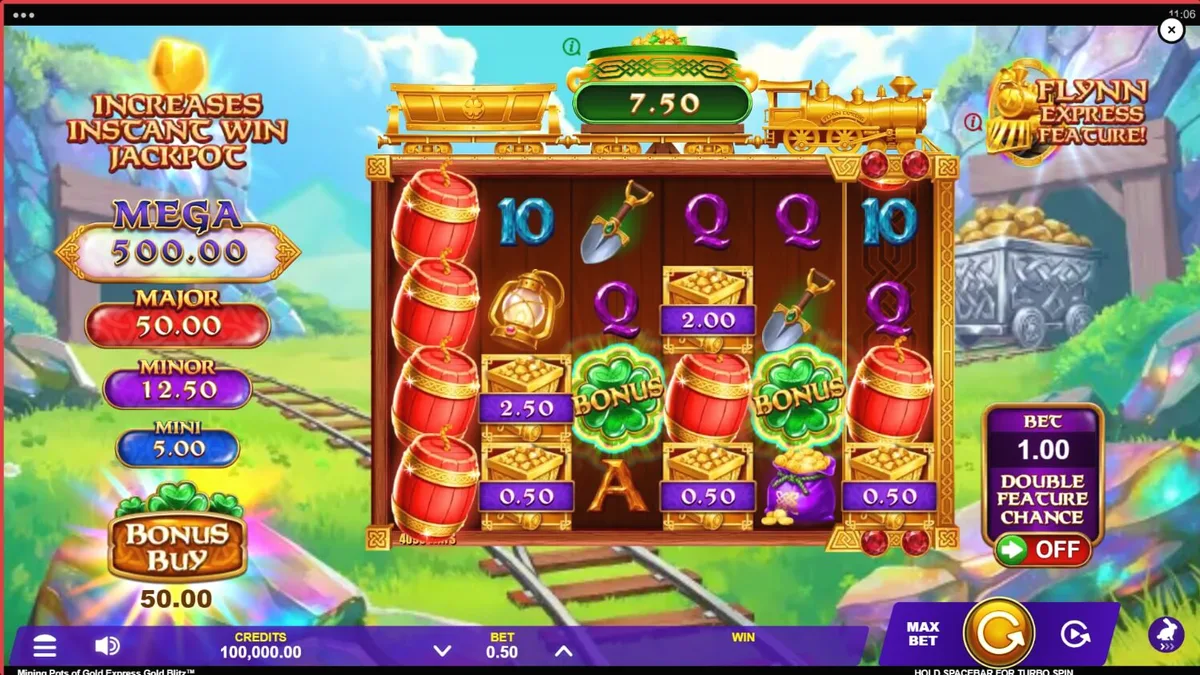 Lucky Lad Flynn di depan tambang emas dalam slot Mining Pots of Gold Express Gold Blitz